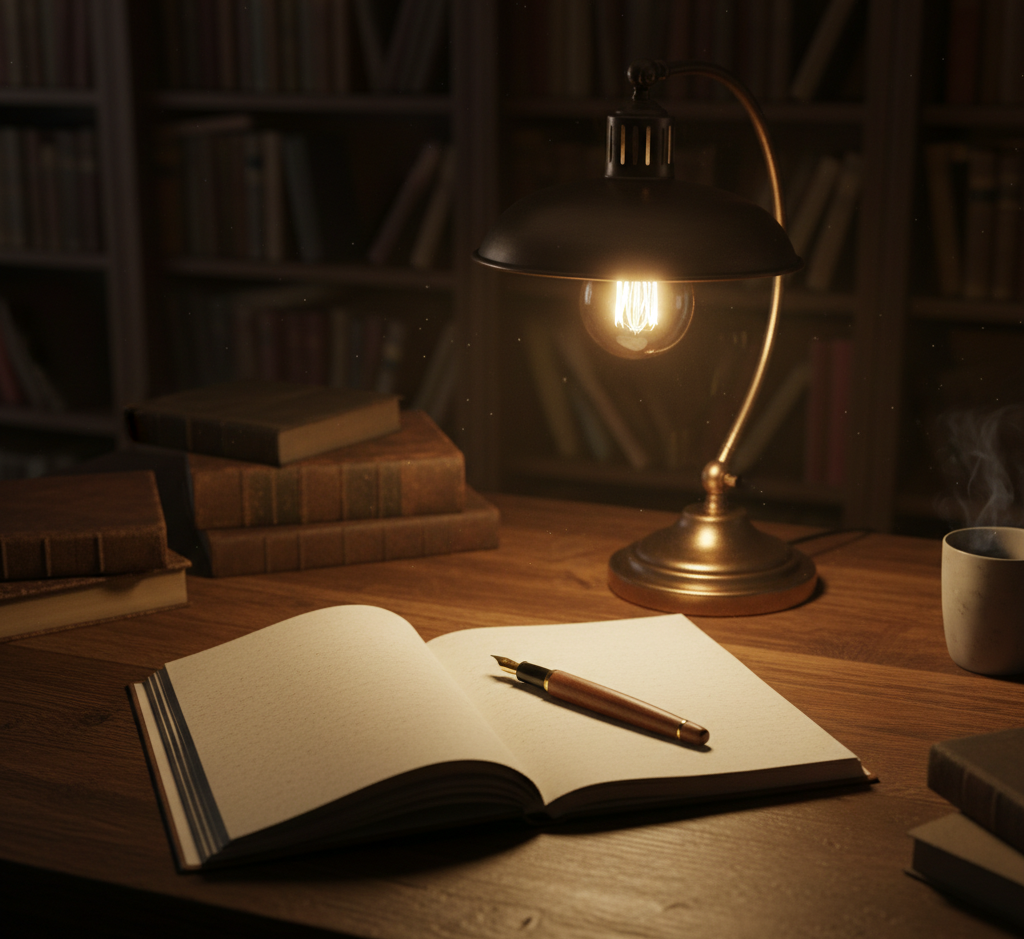 A beautiful old wooden desk with a fountain pen, inkwell, and open journal.