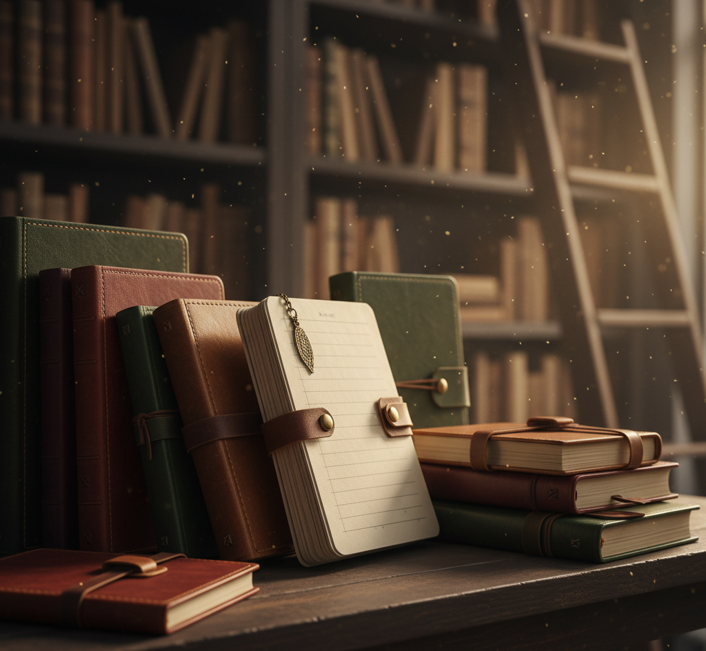 A stack of old books on a wooden table.