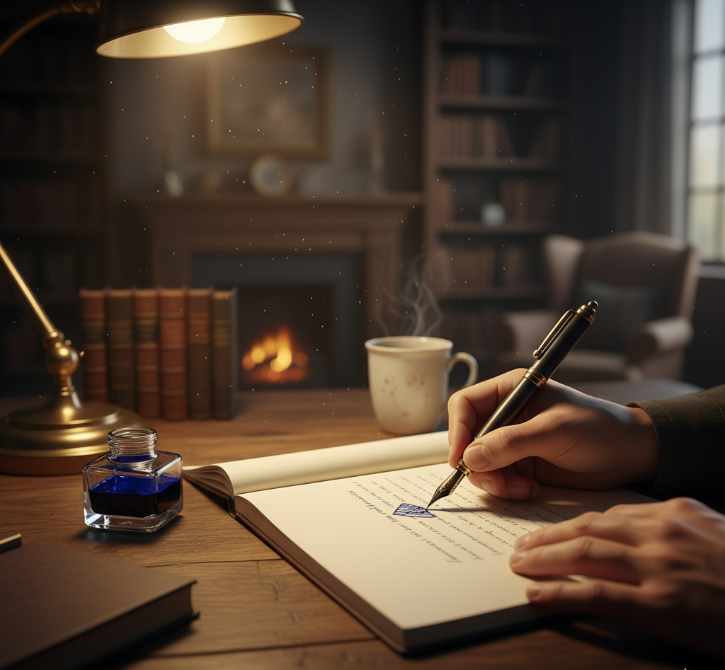 A person writing in a journal at a cafe.